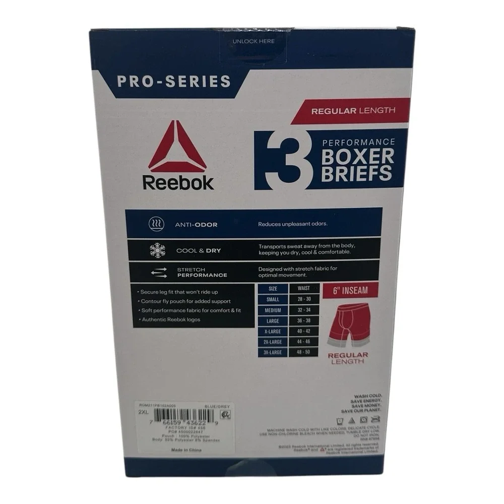 Reebok Pro Series 3 Pack Boxer Briefs Size 2XL Regular‎ Length 6